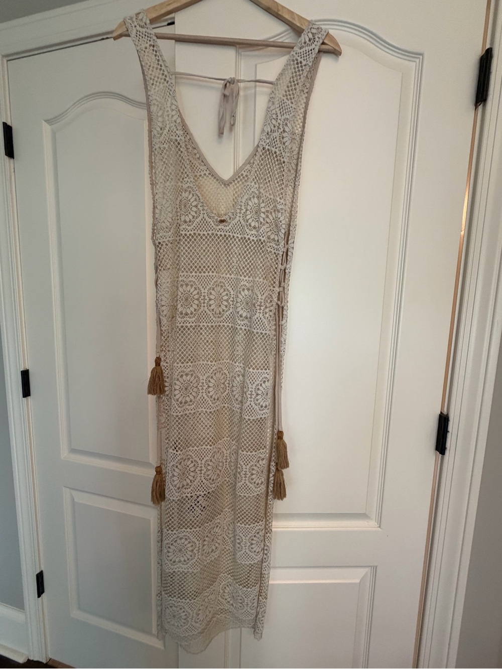 PQ Swim Beige Crochet Sleeveless Maxi Coverup with Tassels